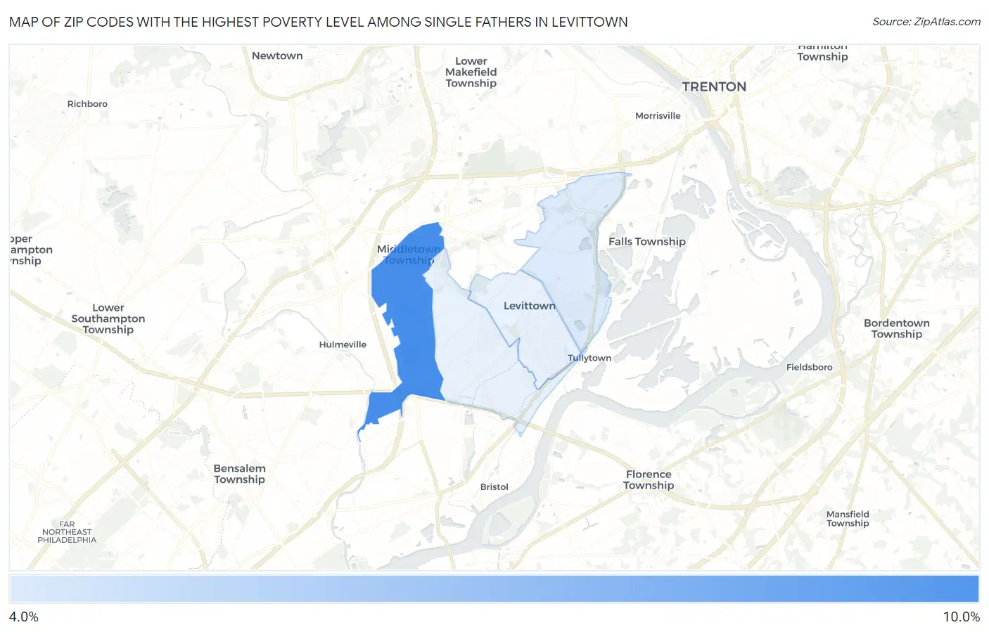 Zip Codes with the Highest Poverty Level Among Single Fathers in Levittown Map
