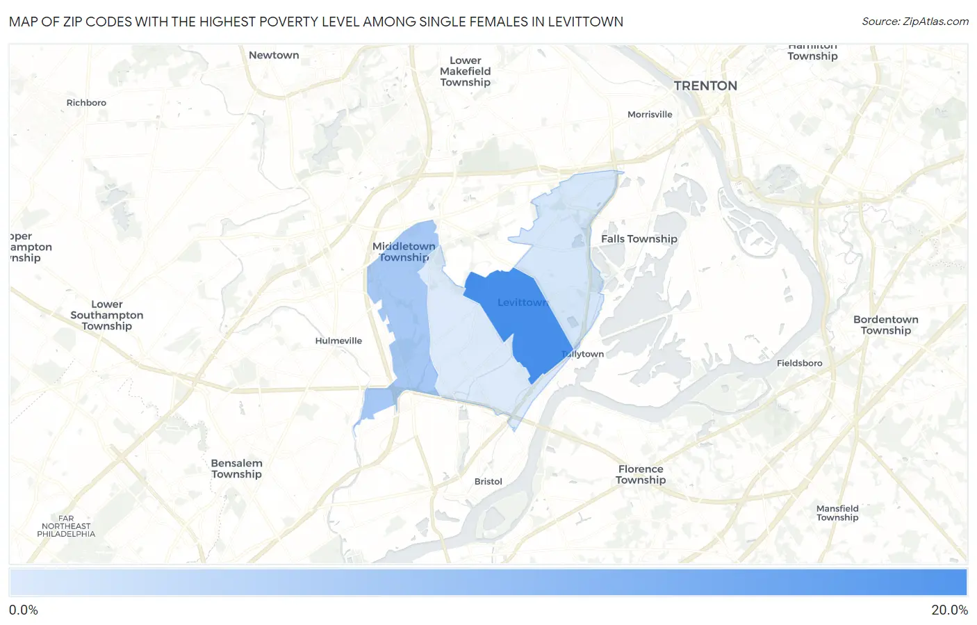 Zip Codes with the Highest Poverty Level Among Single Females in Levittown Map
