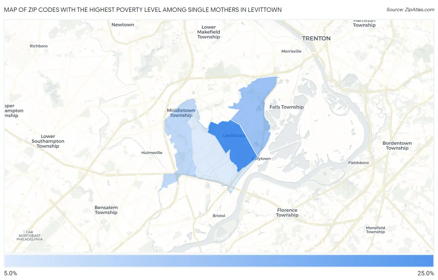 Zip Codes with the Highest Poverty Level Among Single Mothers in Levittown Map