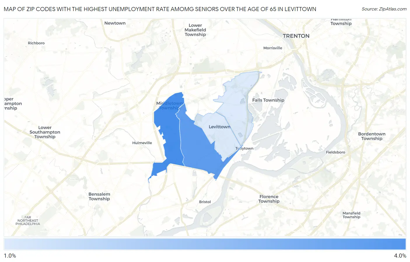 Zip Codes with the Highest Unemployment Rate Amomg Seniors Over the Age of 65 in Levittown Map