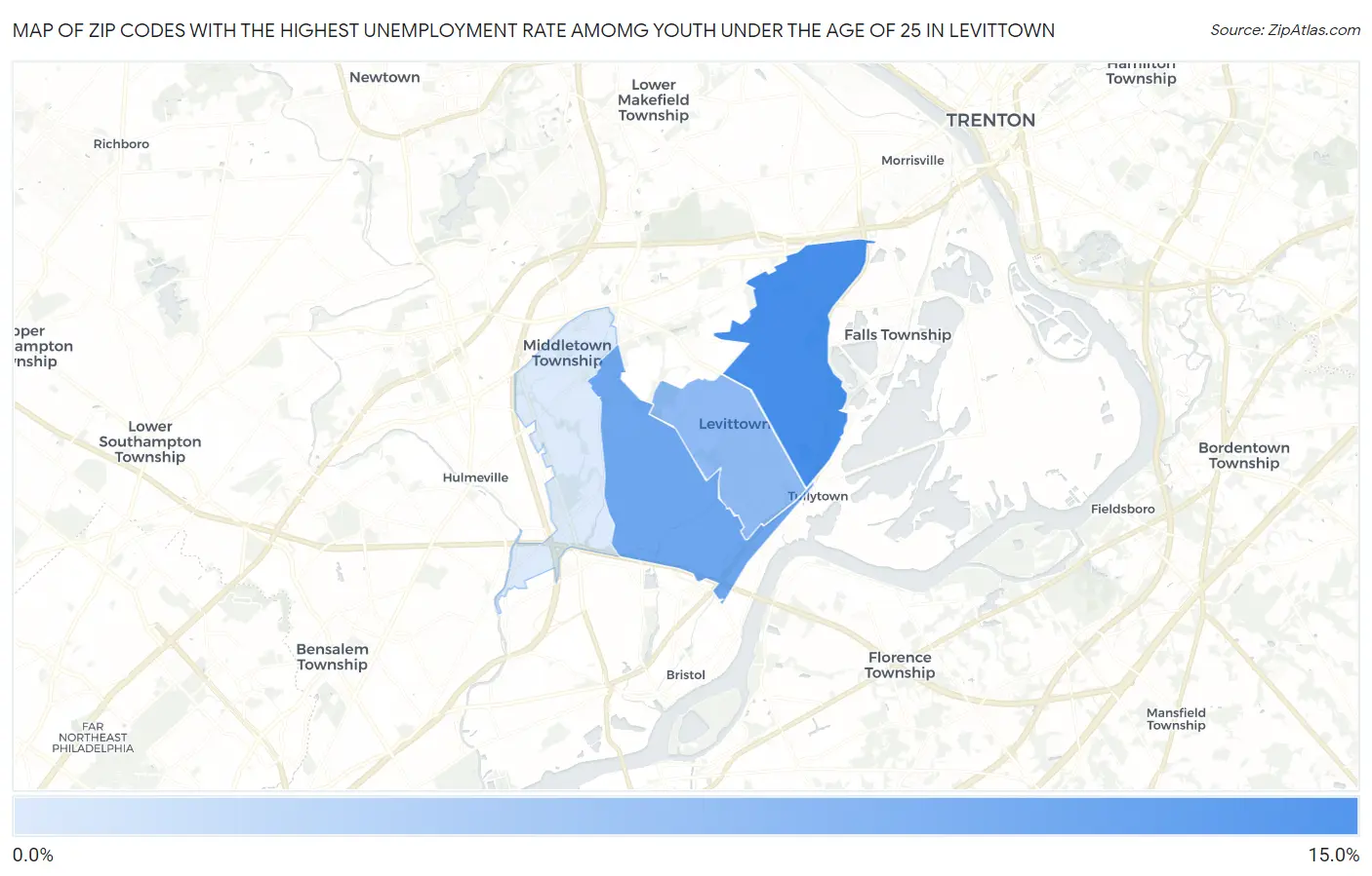 Zip Codes with the Highest Unemployment Rate Amomg Youth Under the Age of 25 in Levittown Map