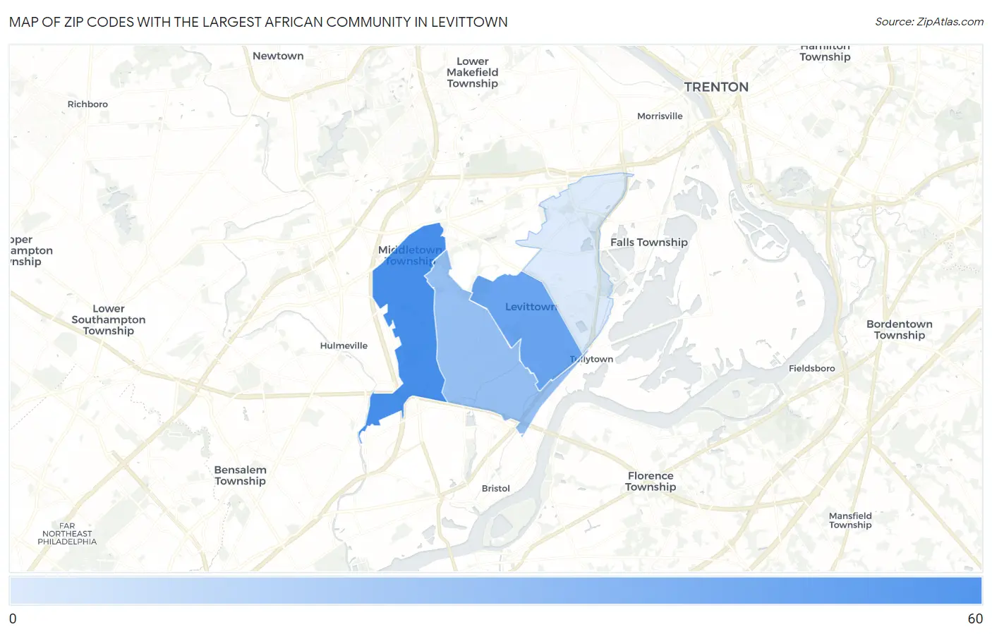 Zip Codes with the Largest African Community in Levittown Map