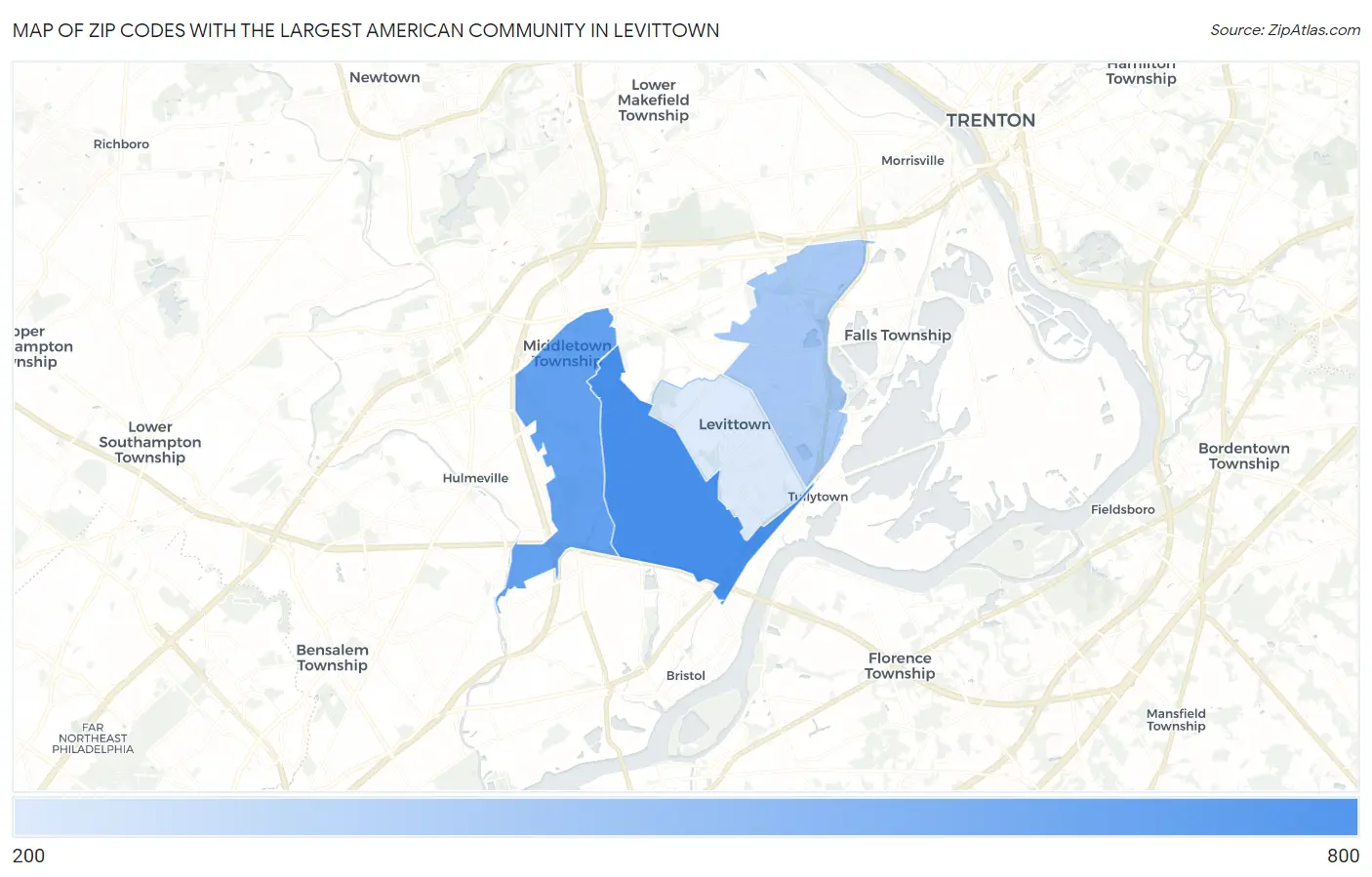Zip Codes with the Largest American Community in Levittown Map
