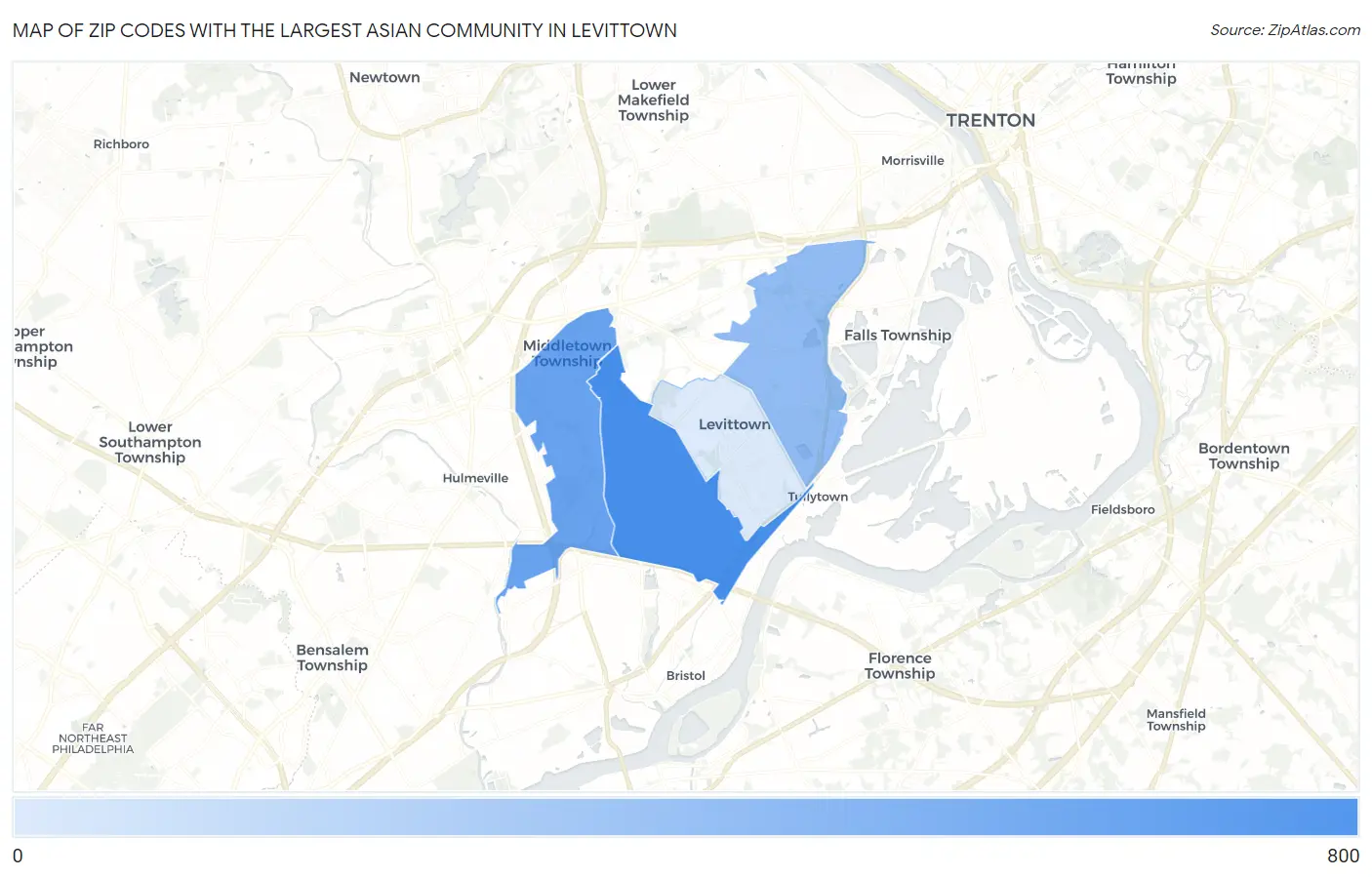 Zip Codes with the Largest Asian Community in Levittown Map