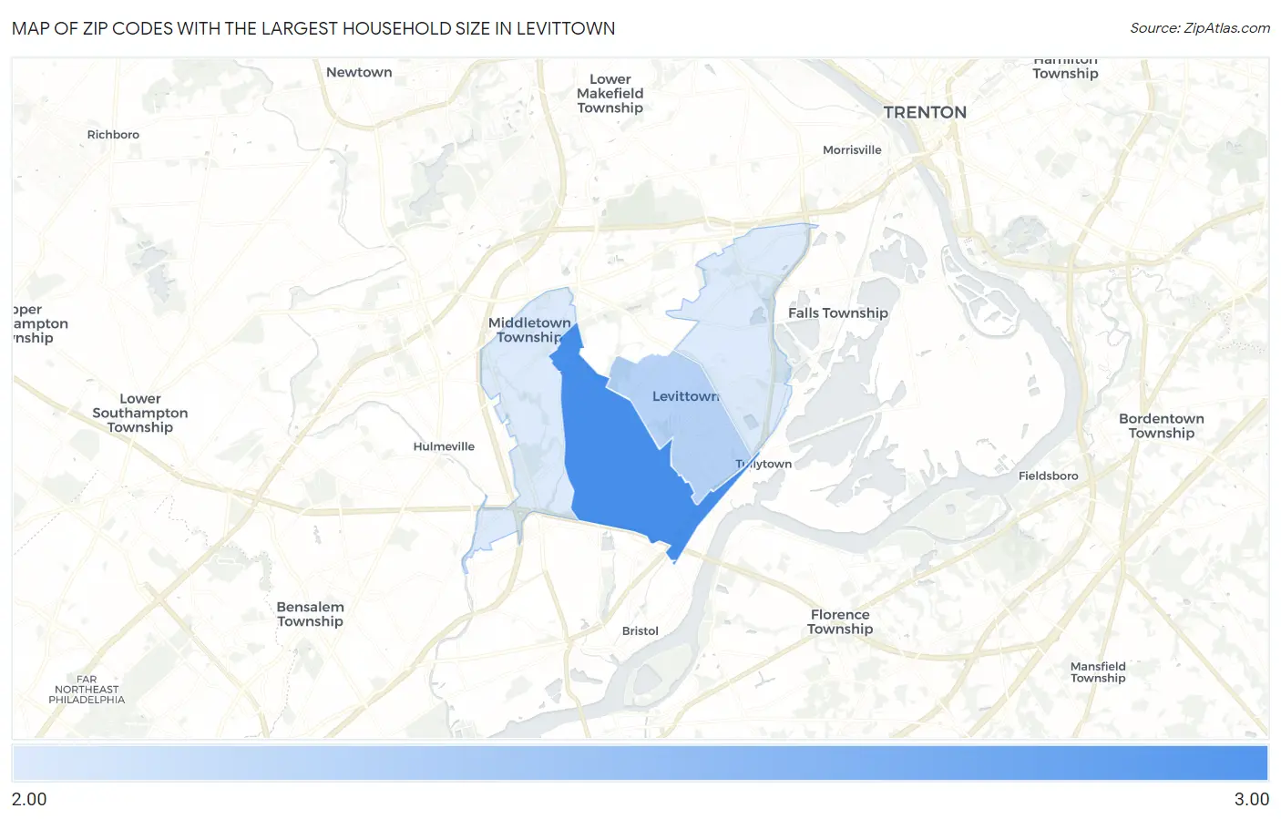 Zip Codes with the Largest Household Size in Levittown Map
