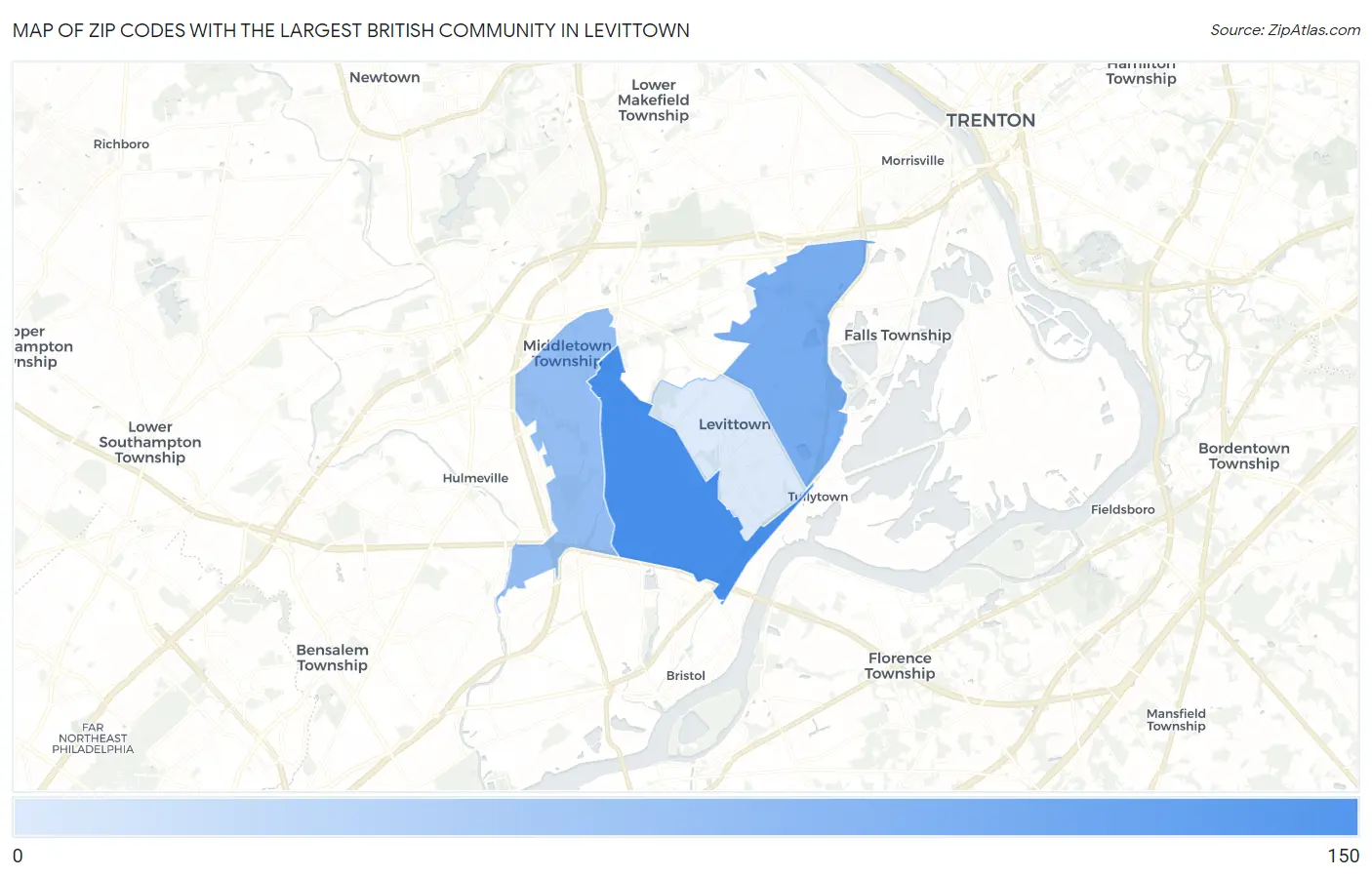 Zip Codes with the Largest British Community in Levittown Map