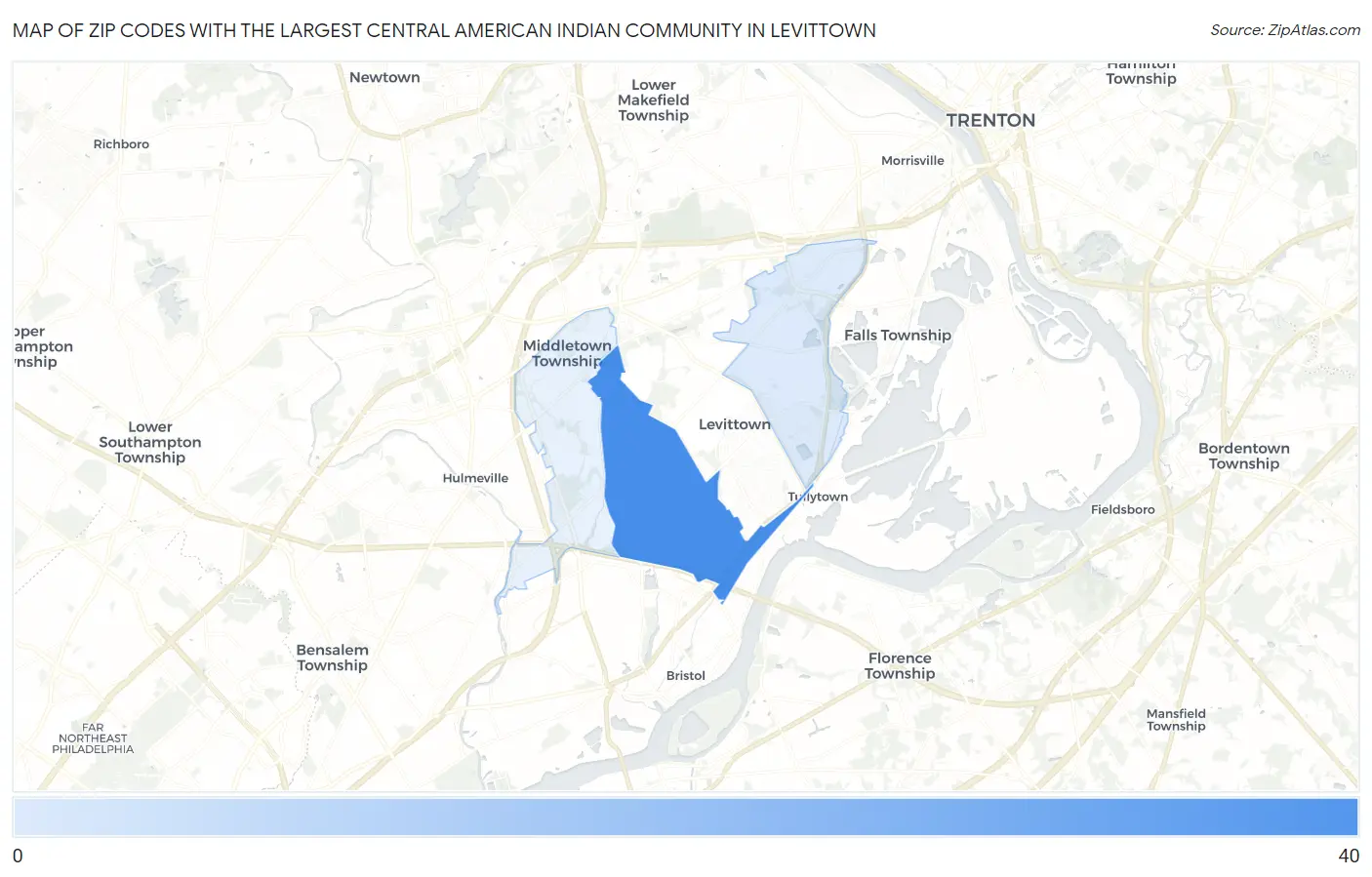 Zip Codes with the Largest Central American Indian Community in Levittown Map