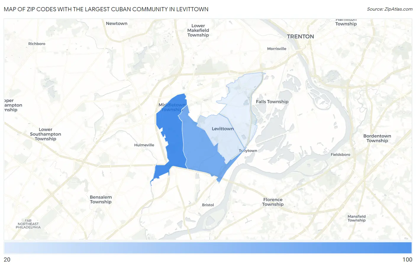 Zip Codes with the Largest Cuban Community in Levittown Map