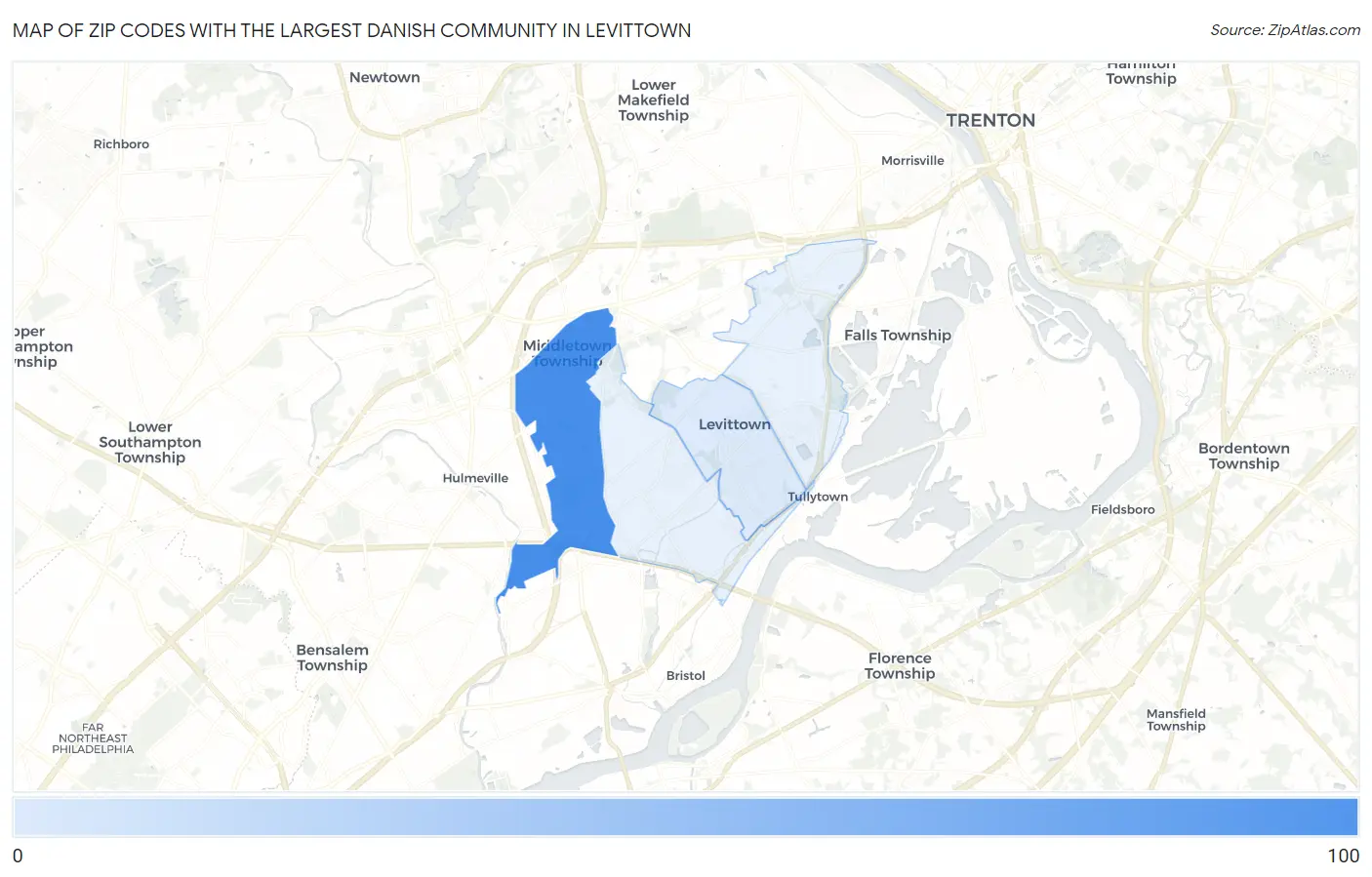 Zip Codes with the Largest Danish Community in Levittown Map