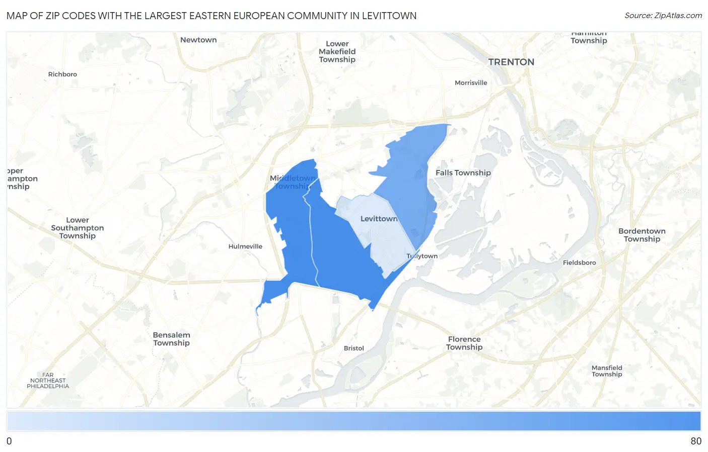 Zip Codes with the Largest Eastern European Community in Levittown Map