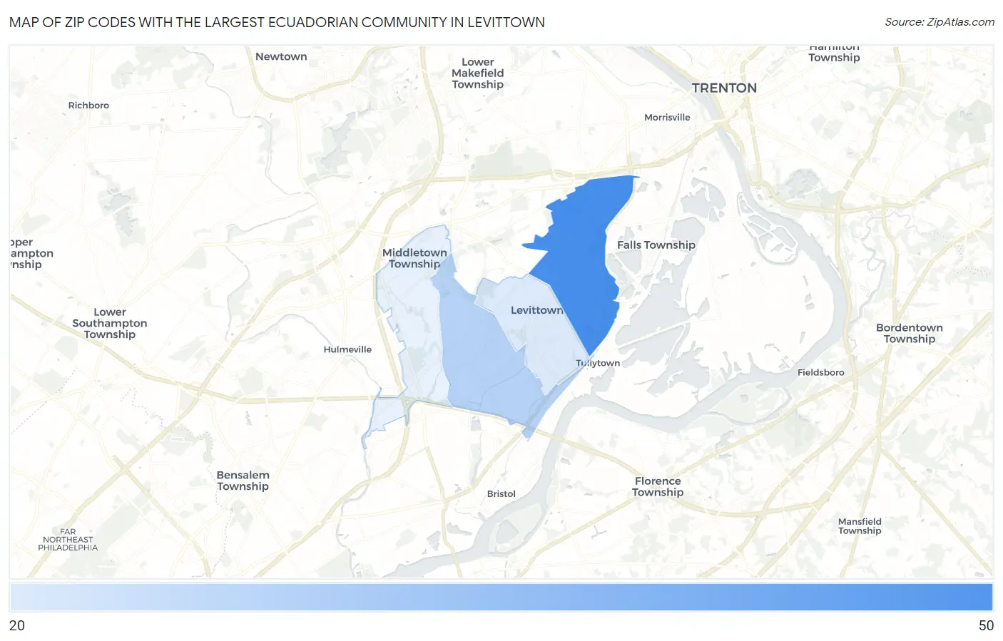Zip Codes with the Largest Ecuadorian Community in Levittown Map