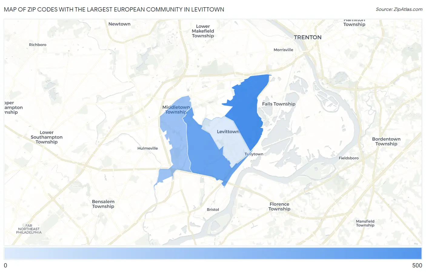 Zip Codes with the Largest European Community in Levittown Map
