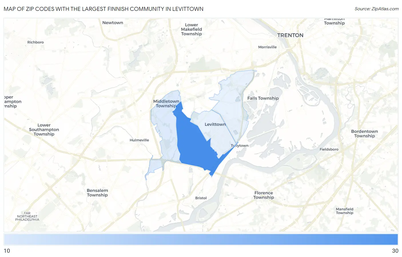 Zip Codes with the Largest Finnish Community in Levittown Map