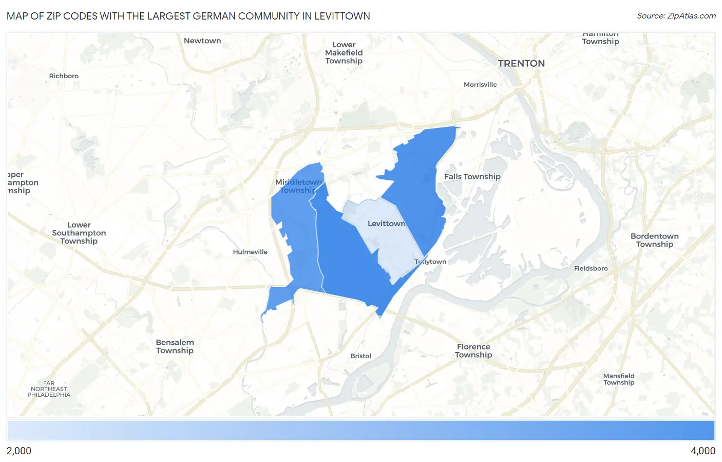 Zip Codes with the Largest German Community in Levittown Map