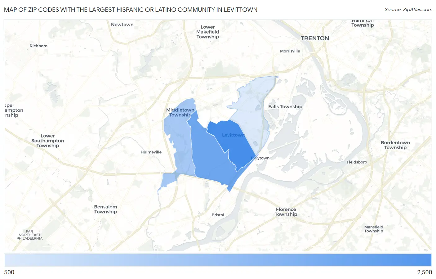 Zip Codes with the Largest Hispanic or Latino Community in Levittown Map