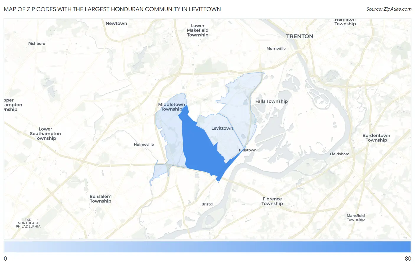 Zip Codes with the Largest Honduran Community in Levittown Map