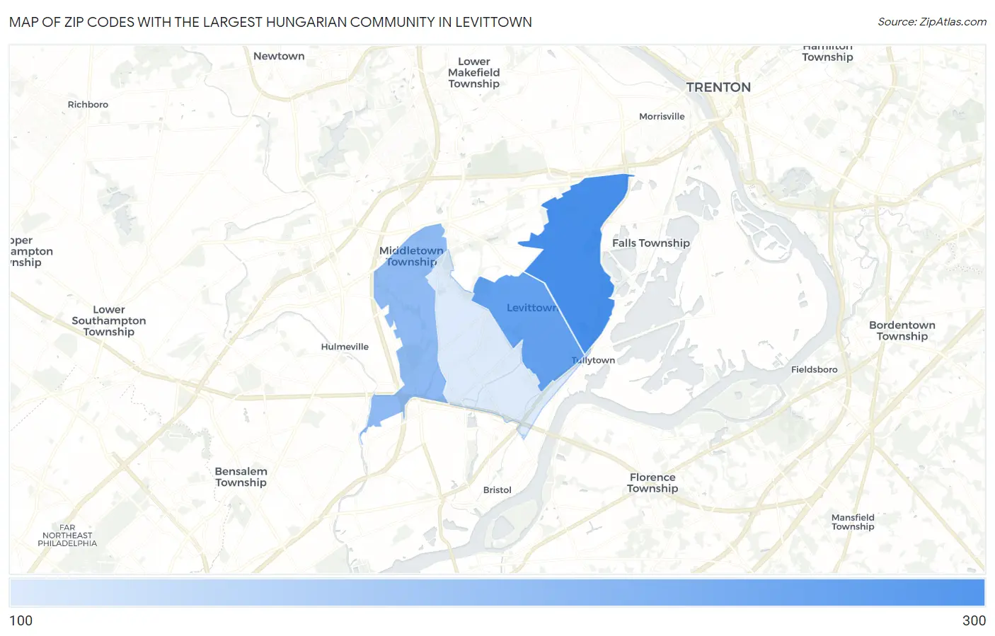Zip Codes with the Largest Hungarian Community in Levittown Map