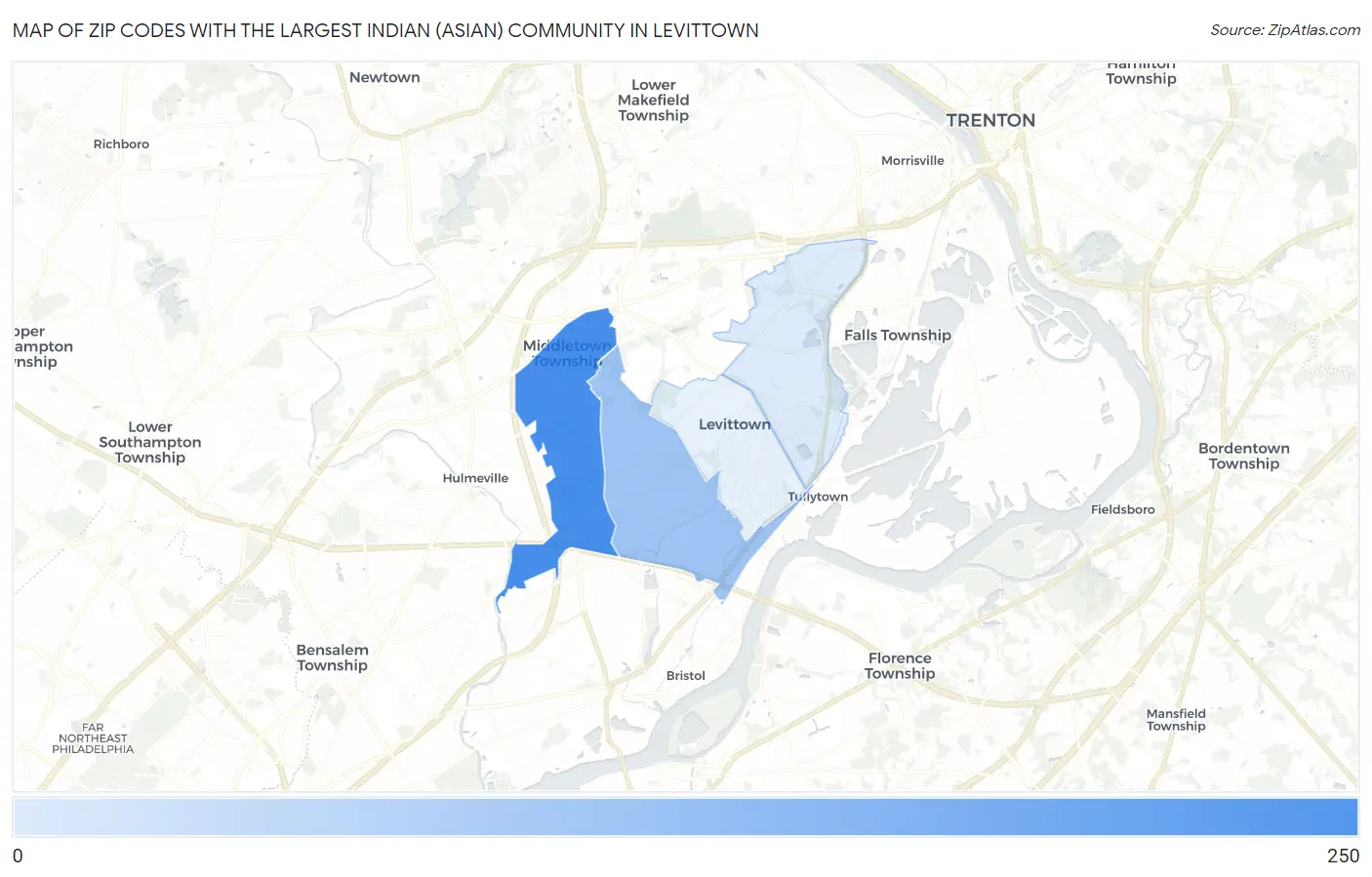 Zip Codes with the Largest Indian (Asian) Community in Levittown Map