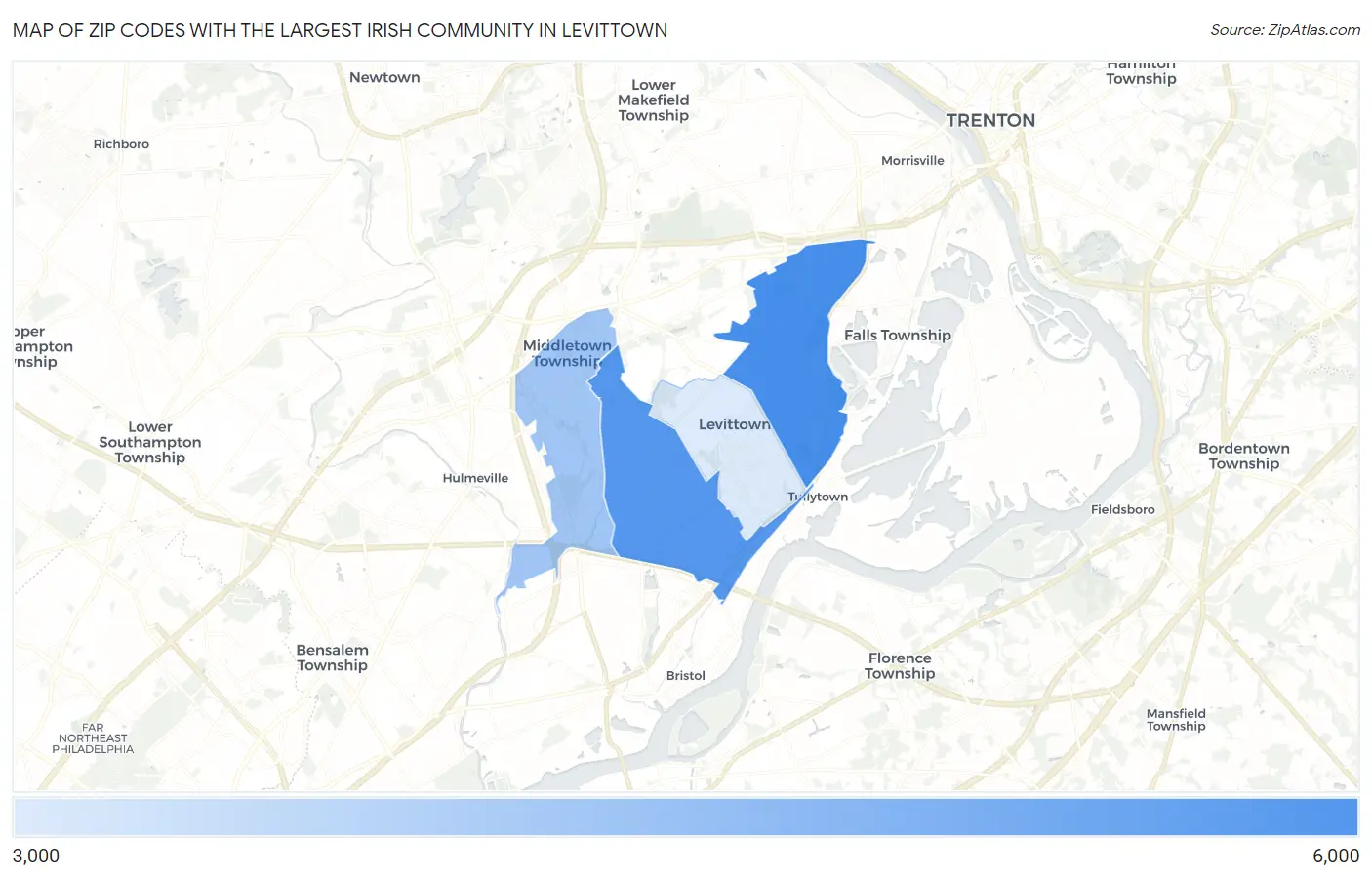 Zip Codes with the Largest Irish Community in Levittown Map