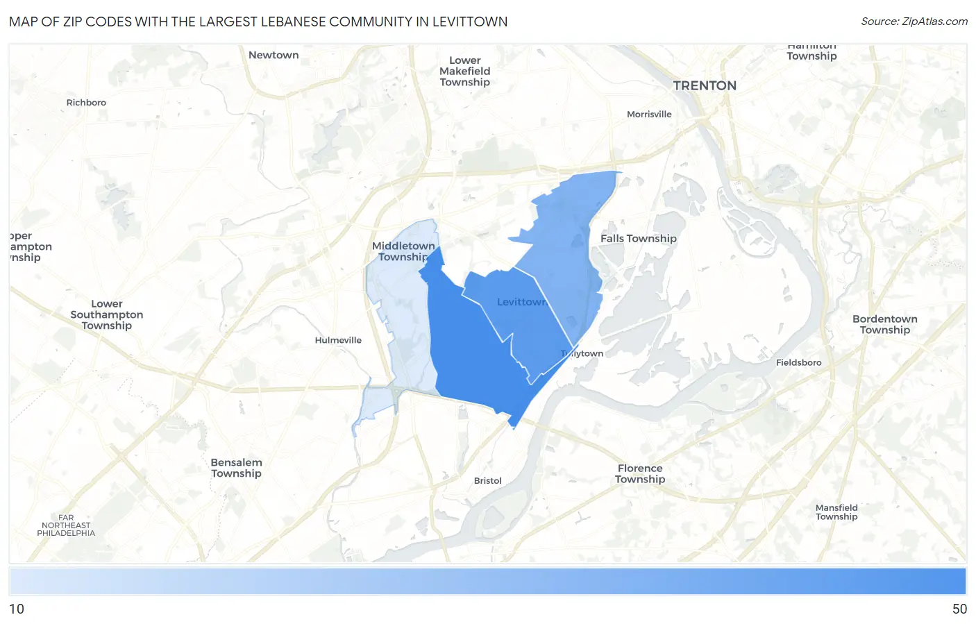 Zip Codes with the Largest Lebanese Community in Levittown Map