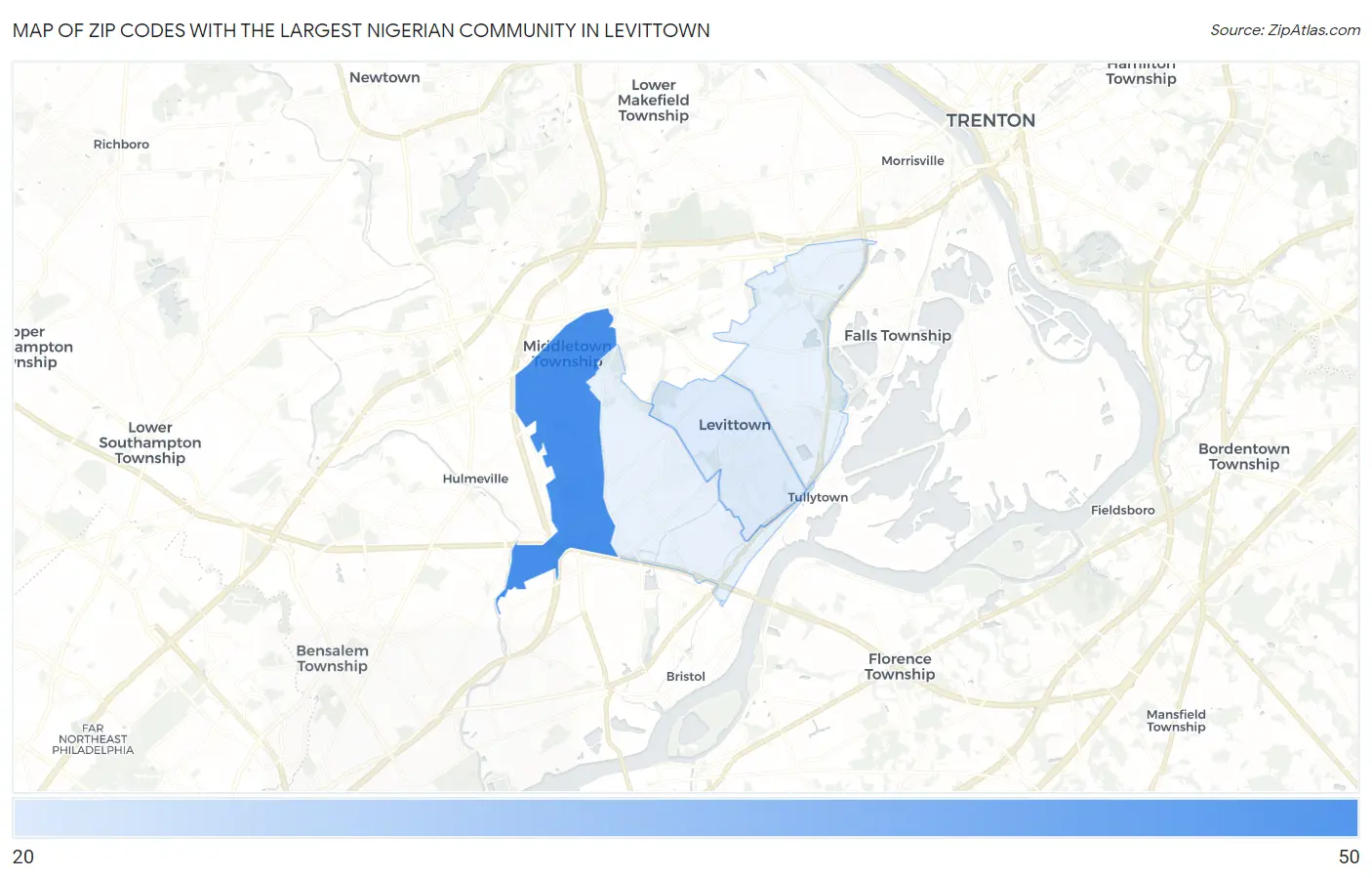 Zip Codes with the Largest Nigerian Community in Levittown Map
