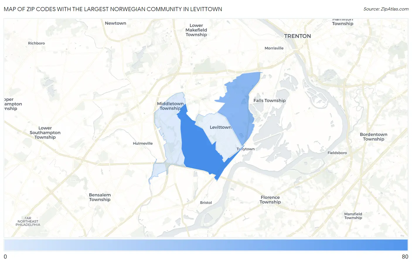 Zip Codes with the Largest Norwegian Community in Levittown Map