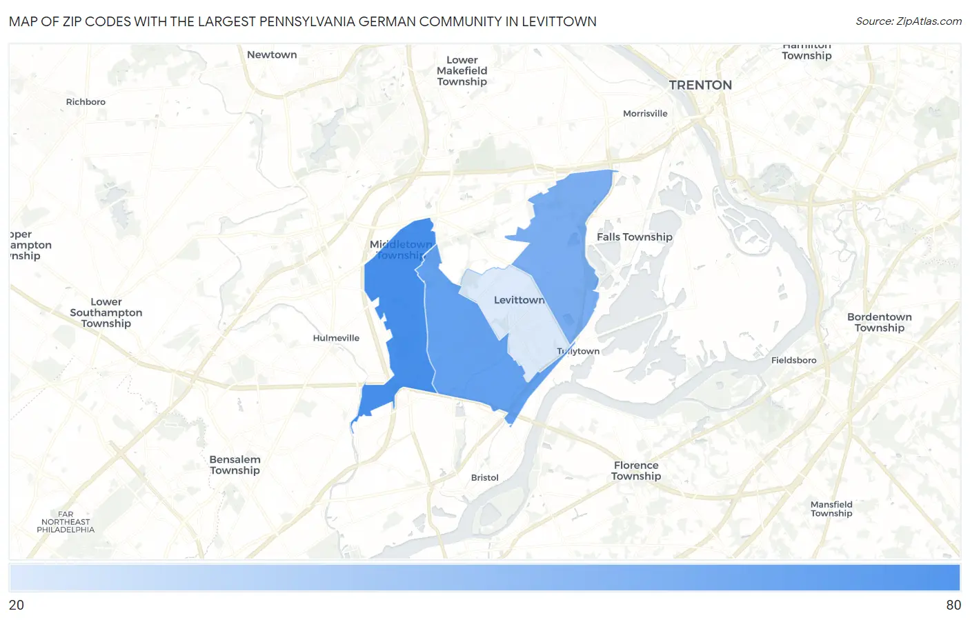 Zip Codes with the Largest Pennsylvania German Community in Levittown Map