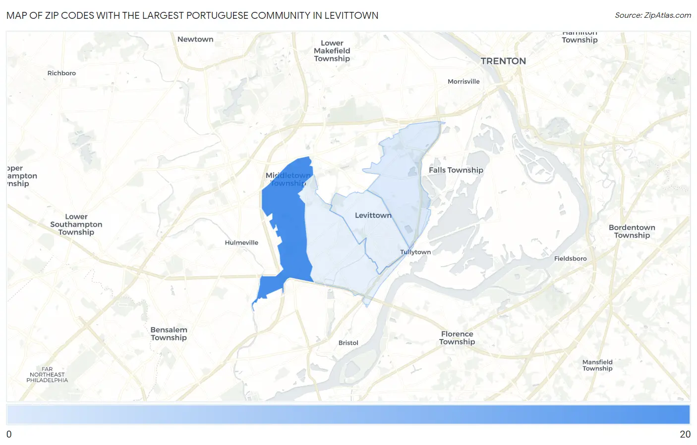 Zip Codes with the Largest Portuguese Community in Levittown Map