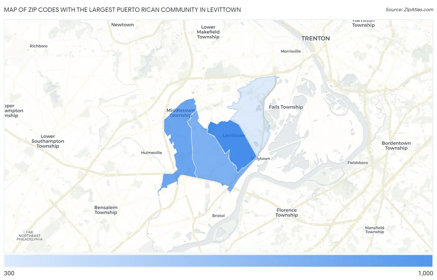 Zip Codes with the Largest Puerto Rican Community in Levittown Map