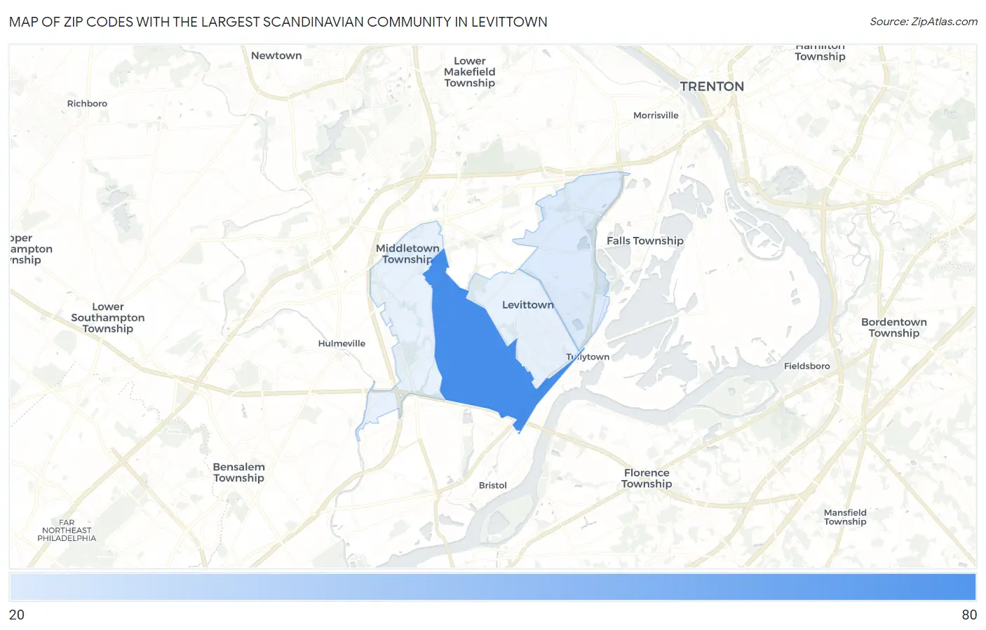 Zip Codes with the Largest Scandinavian Community in Levittown Map