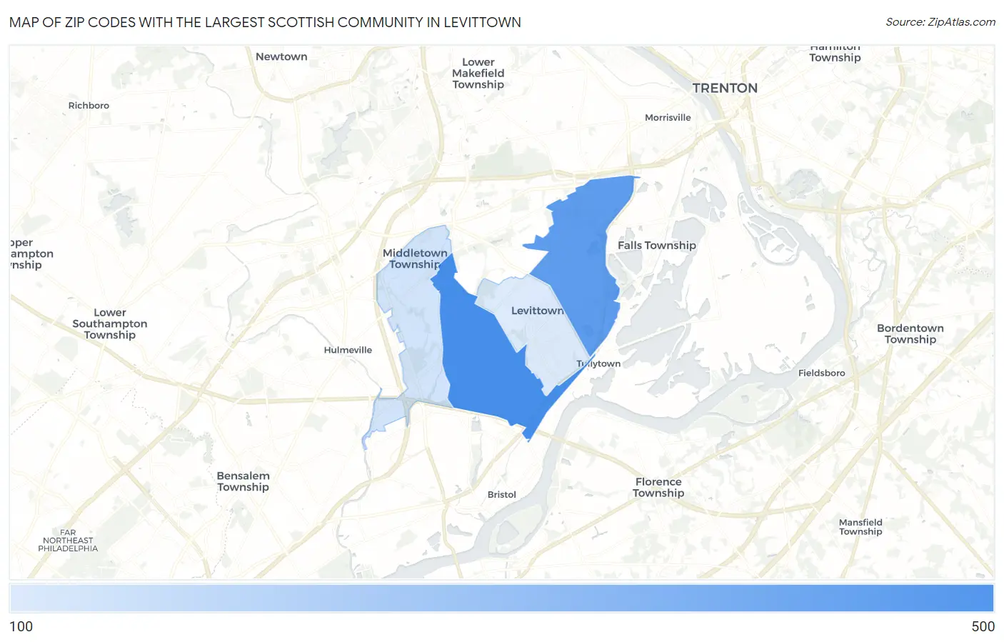 Zip Codes with the Largest Scottish Community in Levittown Map