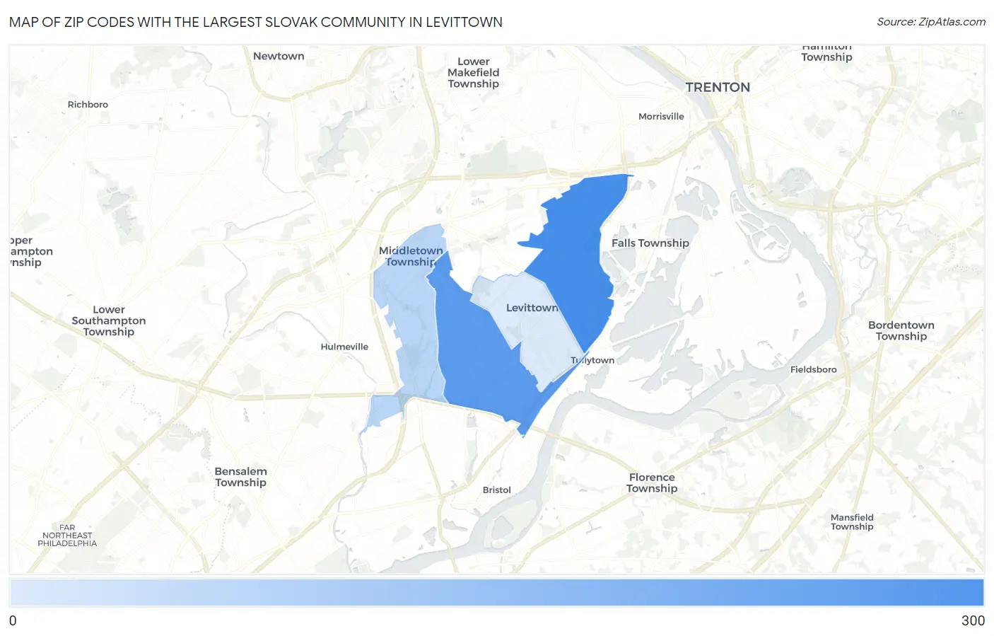 Zip Codes with the Largest Slovak Community in Levittown Map