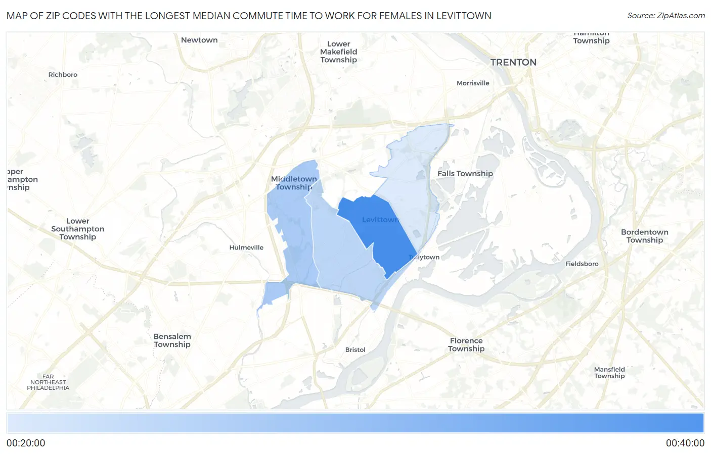Zip Codes with the Longest Median Commute Time to Work for Females in Levittown Map