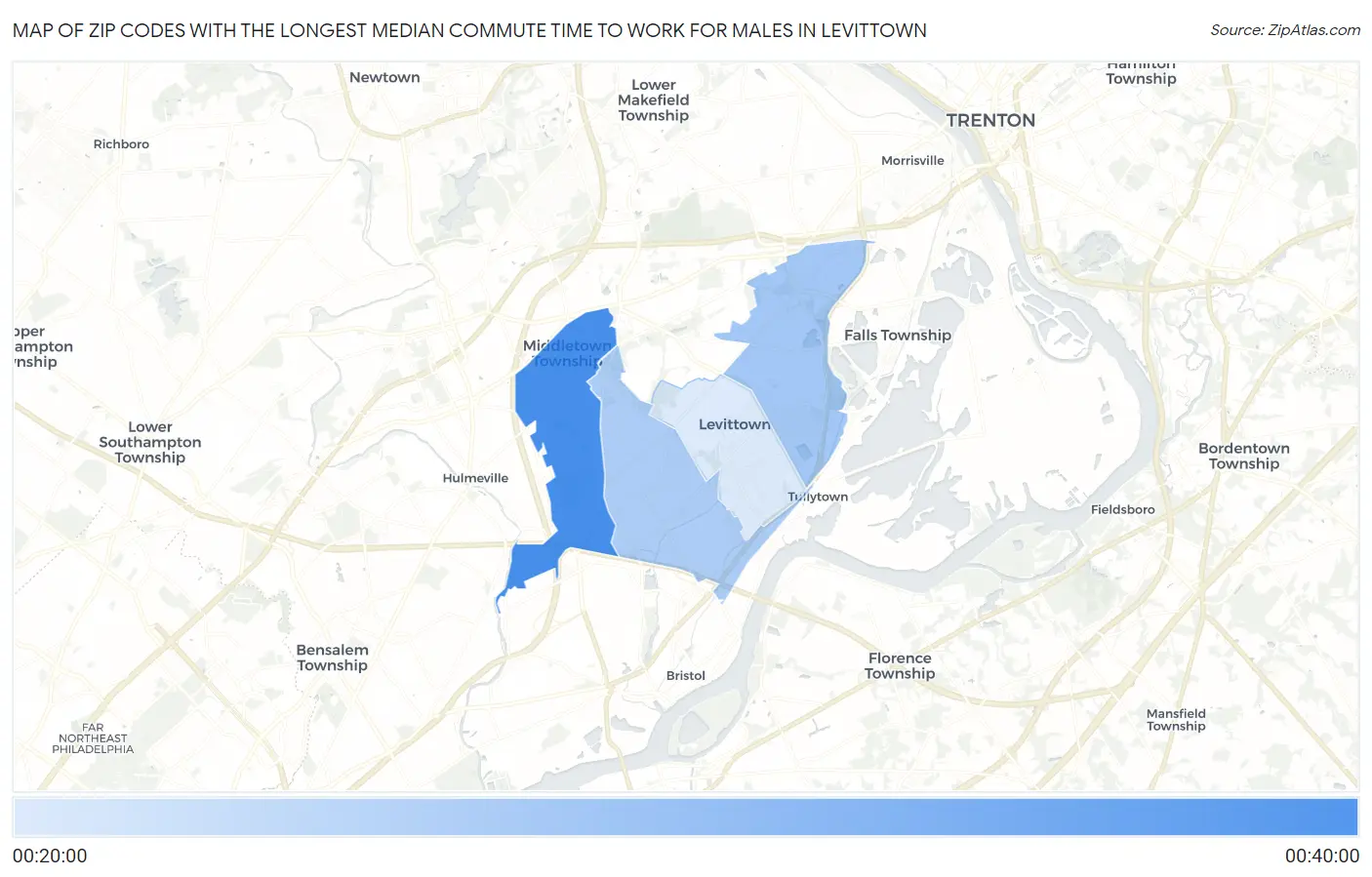 Zip Codes with the Longest Median Commute Time to Work for Males in Levittown Map