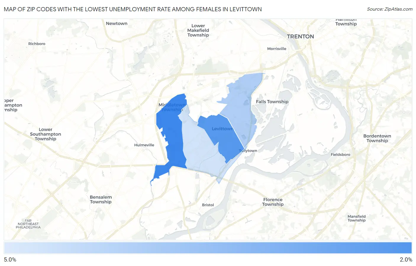 Zip Codes with the Lowest Unemployment Rate Among Females in Levittown Map