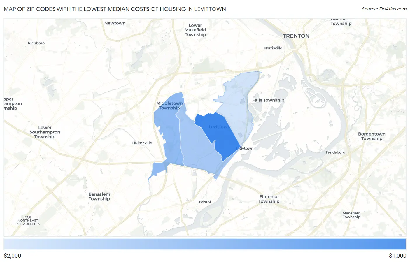 Zip Codes with the Lowest Median Costs of Housing in Levittown Map