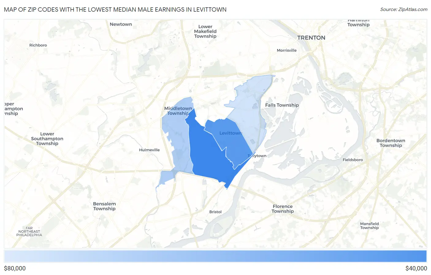 Zip Codes with the Lowest Median Male Earnings in Levittown Map