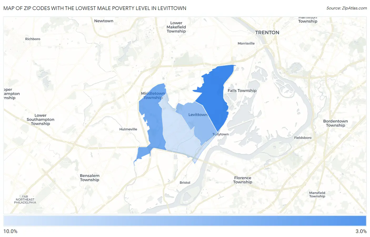 Zip Codes with the Lowest Male Poverty Level in Levittown Map