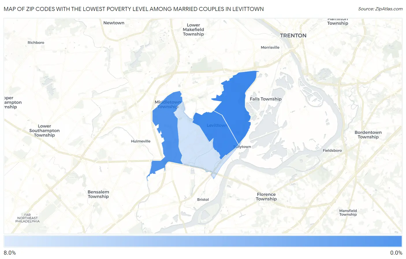 Zip Codes with the Lowest Poverty Level Among Married Couples in Levittown Map