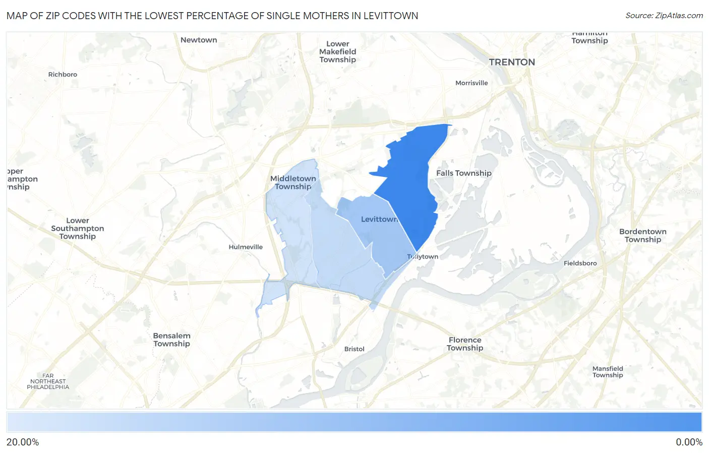 Zip Codes with the Lowest Percentage of Single Mothers in Levittown Map