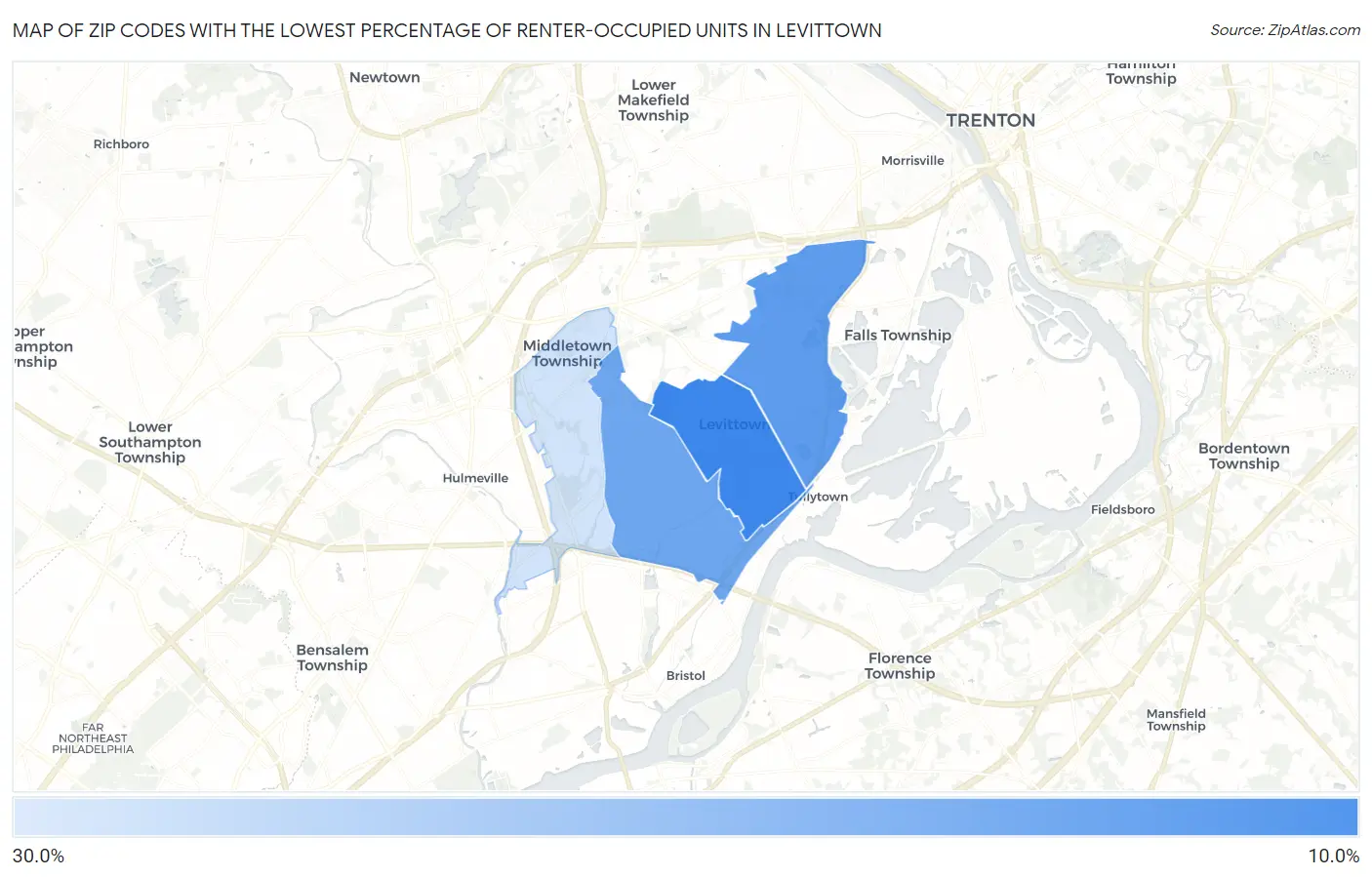 Zip Codes with the Lowest Percentage of Renter-Occupied Units in Levittown Map