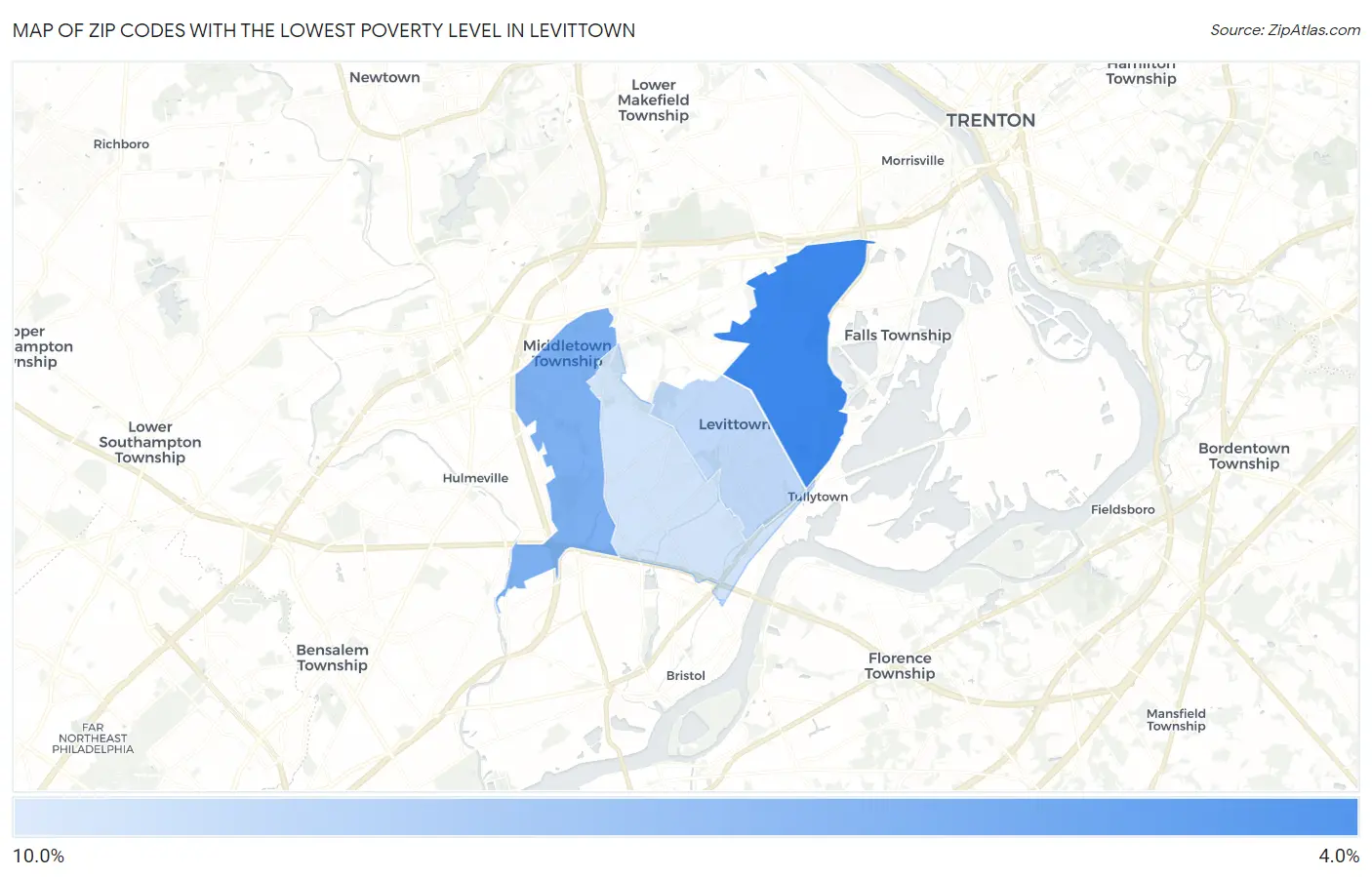 Zip Codes with the Lowest Poverty Level in Levittown Map