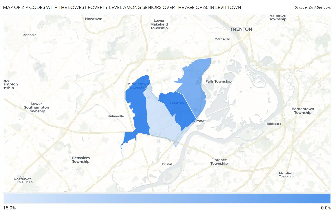 Zip Codes with the Lowest Poverty Level Among Seniors Over the Age of 65 in Levittown Map