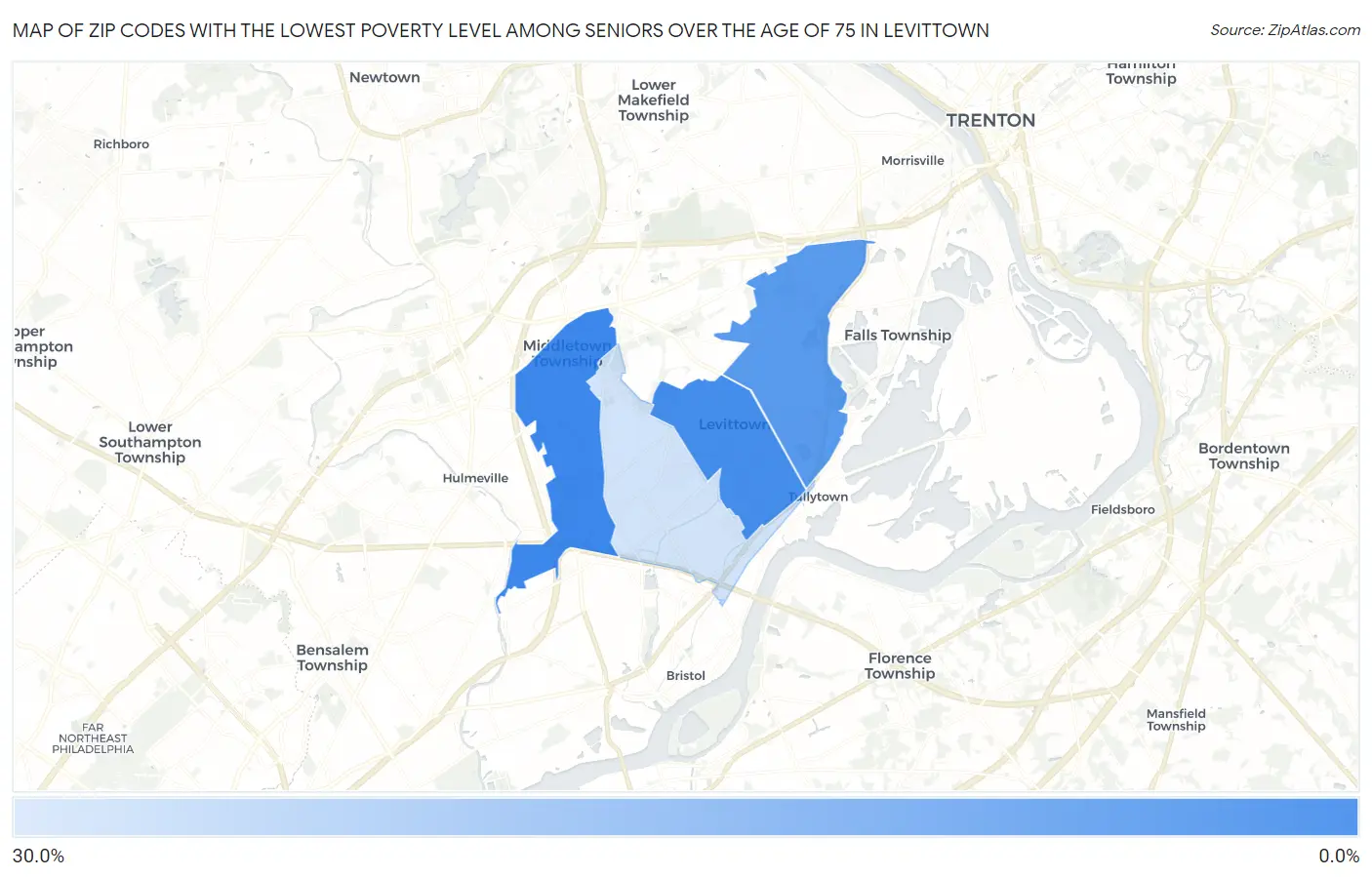 Zip Codes with the Lowest Poverty Level Among Seniors Over the Age of 75 in Levittown Map