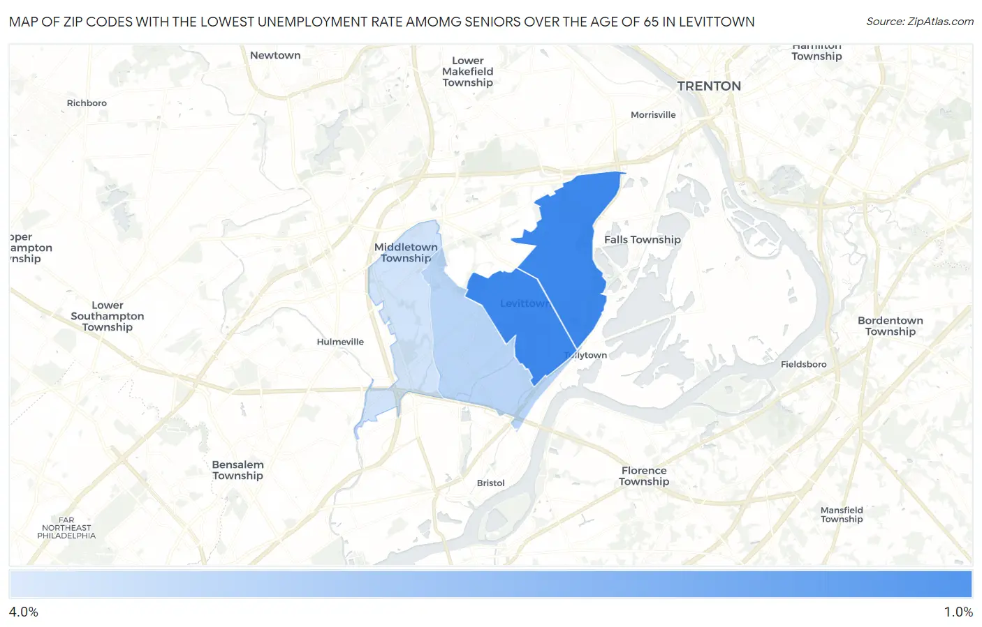 Zip Codes with the Lowest Unemployment Rate Amomg Seniors Over the Age of 65 in Levittown Map