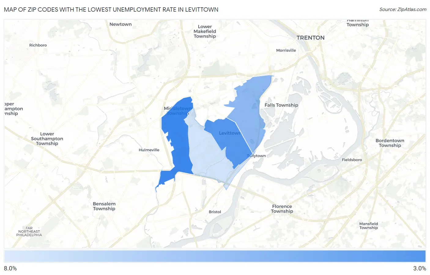 Zip Codes with the Lowest Unemployment Rate in Levittown Map