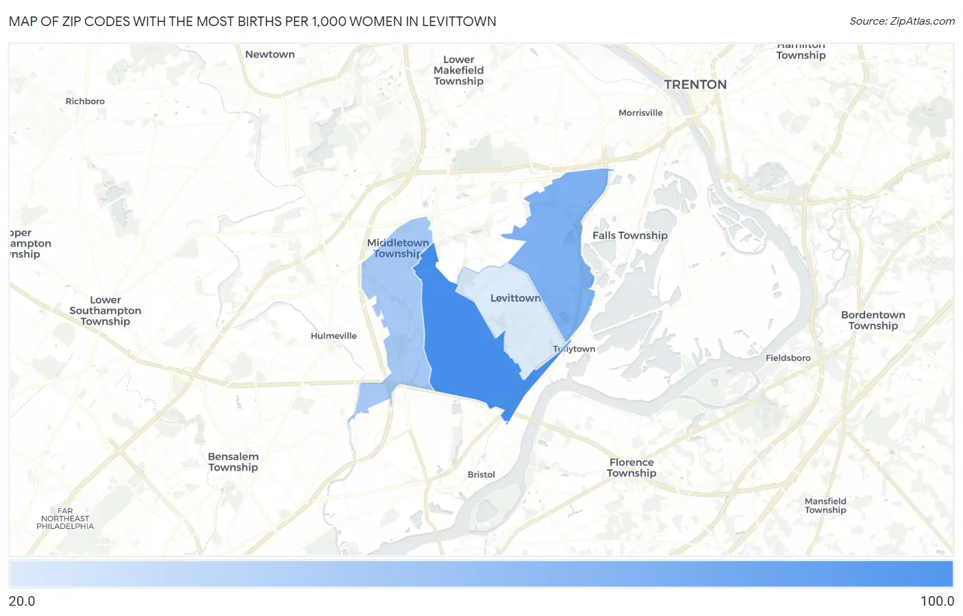 Zip Codes with the Most Births per 1,000 Women in Levittown Map