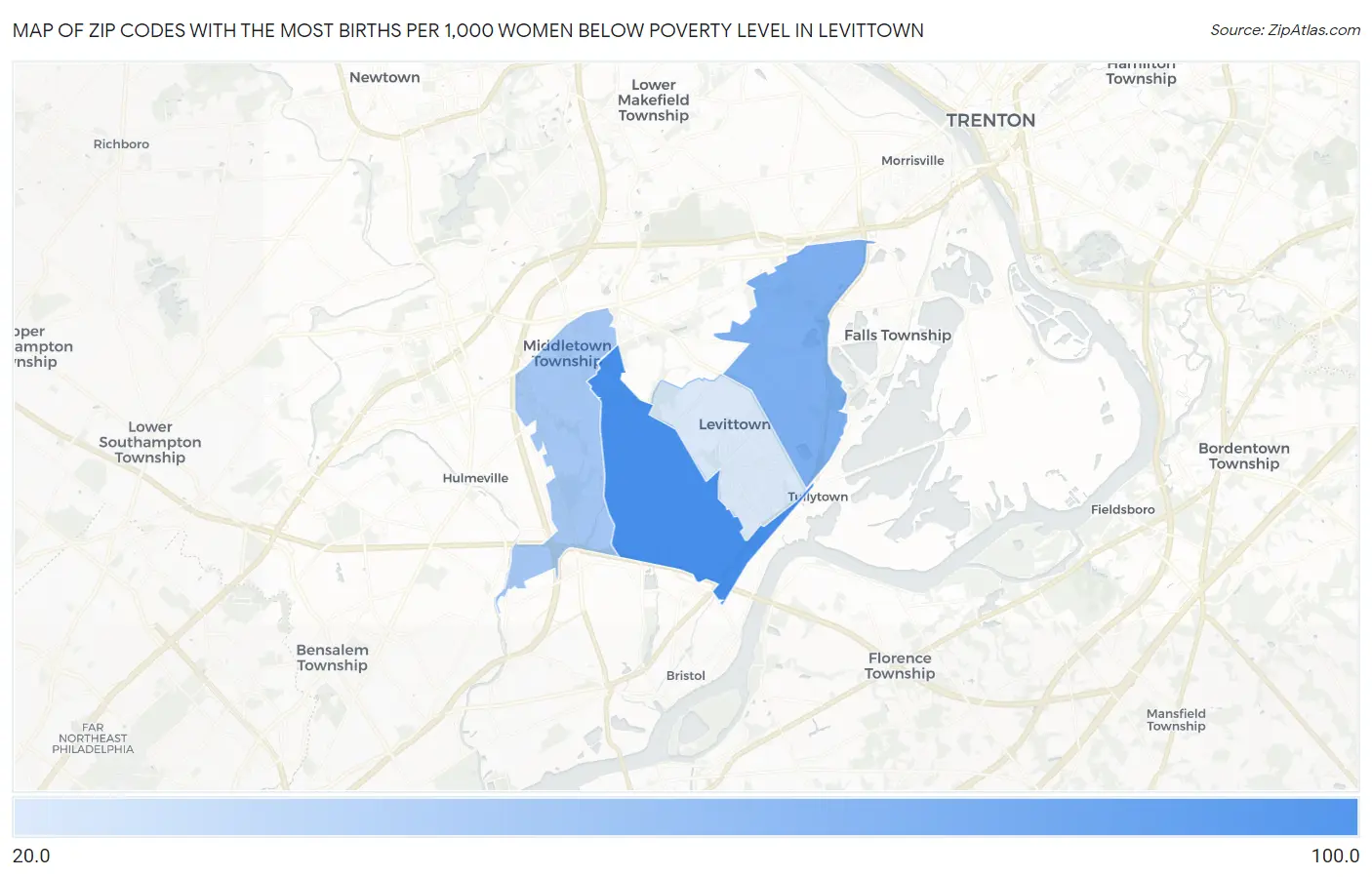 Zip Codes with the Most Births per 1,000 Women Below Poverty Level in Levittown Map