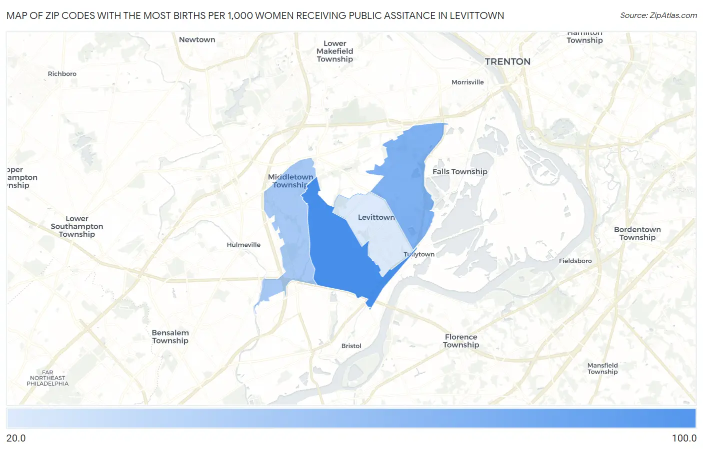 Zip Codes with the Most Births per 1,000 Women Receiving Public Assitance in Levittown Map