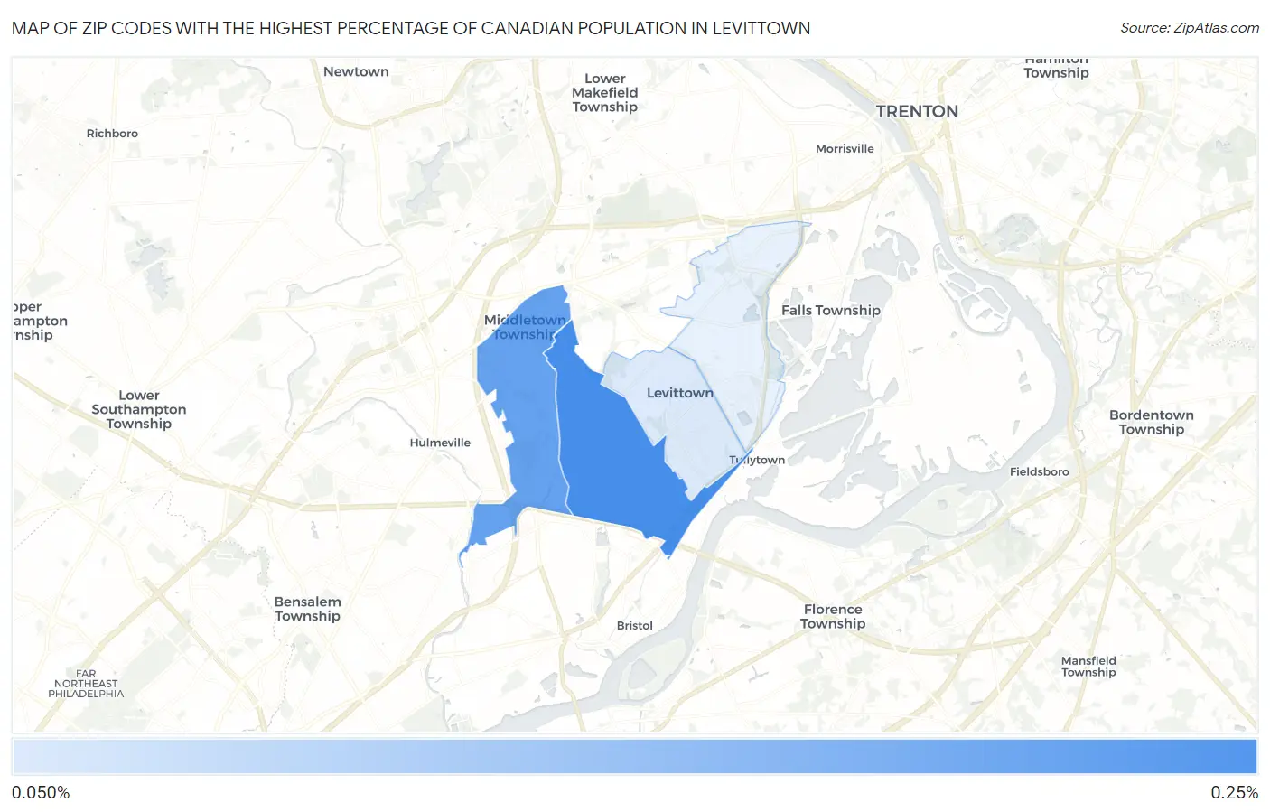 Zip Codes with the Highest Percentage of Canadian Population in Levittown Map